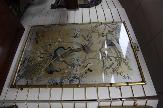 A good Chinese Canton embroidered silk bird panel, late 19th century, 113cm x 74cm, in a gilt faux bamboo frame, discoloured